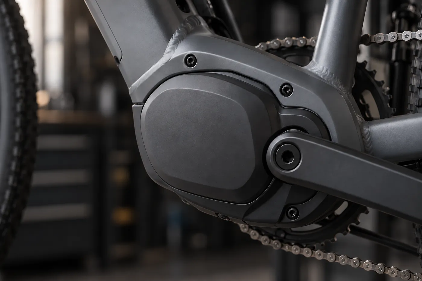 Illustration: Mittelmotor eines E-Bikes in Nahaufnahme, mit Kurbel und Kettenblatt