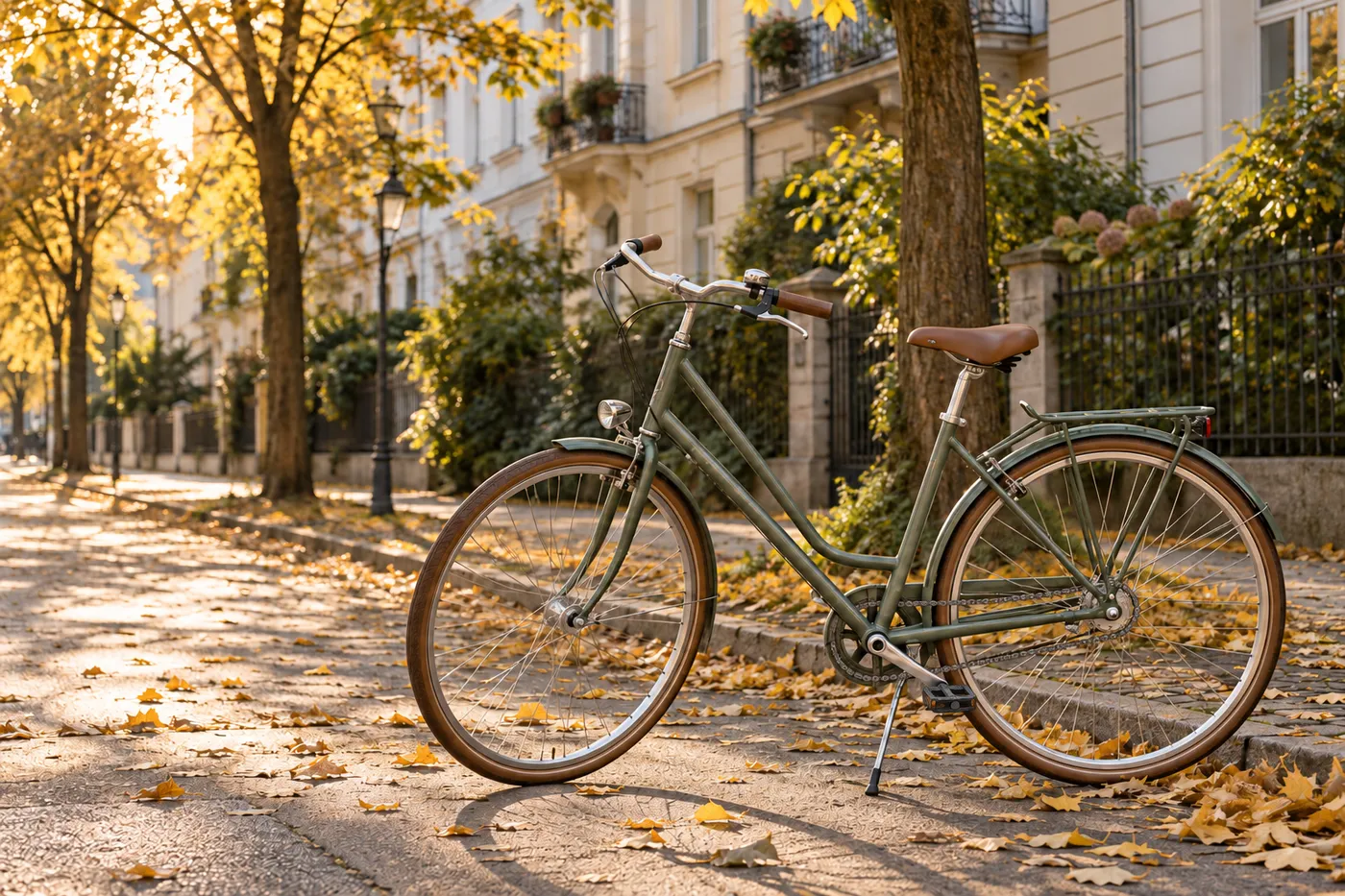 Illustration: frisch durchgesehenes Stadtrad auf einer ruhigen Straße mit Herbstlaub