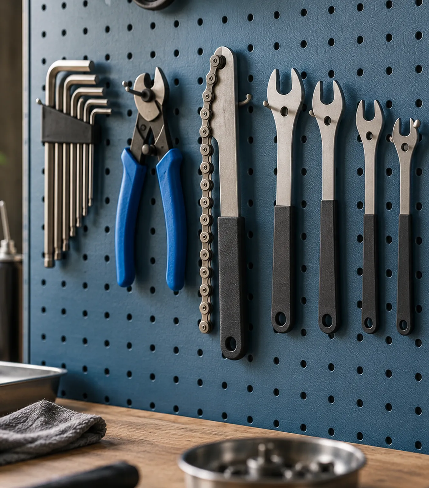 Illustration: blaue Lochwand in einer Radwerkstatt mit ordentlich aufgehängtem Werkzeug